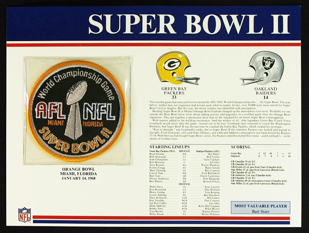 Super Bowl 2 1968 Packers Raiders Willabee Ward Official Nfl Sb Ii Patch Card Ebay